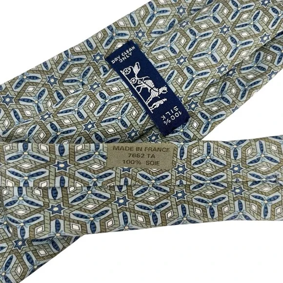 Hermes Men's Tie Geometric Star Kaleidoscope Green/Navy Silk 7662 TA 3.5 x 59